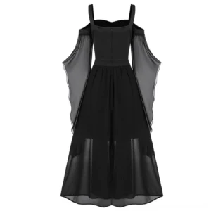 Back view of black steampunk dress showing solid back panel, wide shoulder straps with lace eyelet trim details, and pleated chiffon skirt overlay