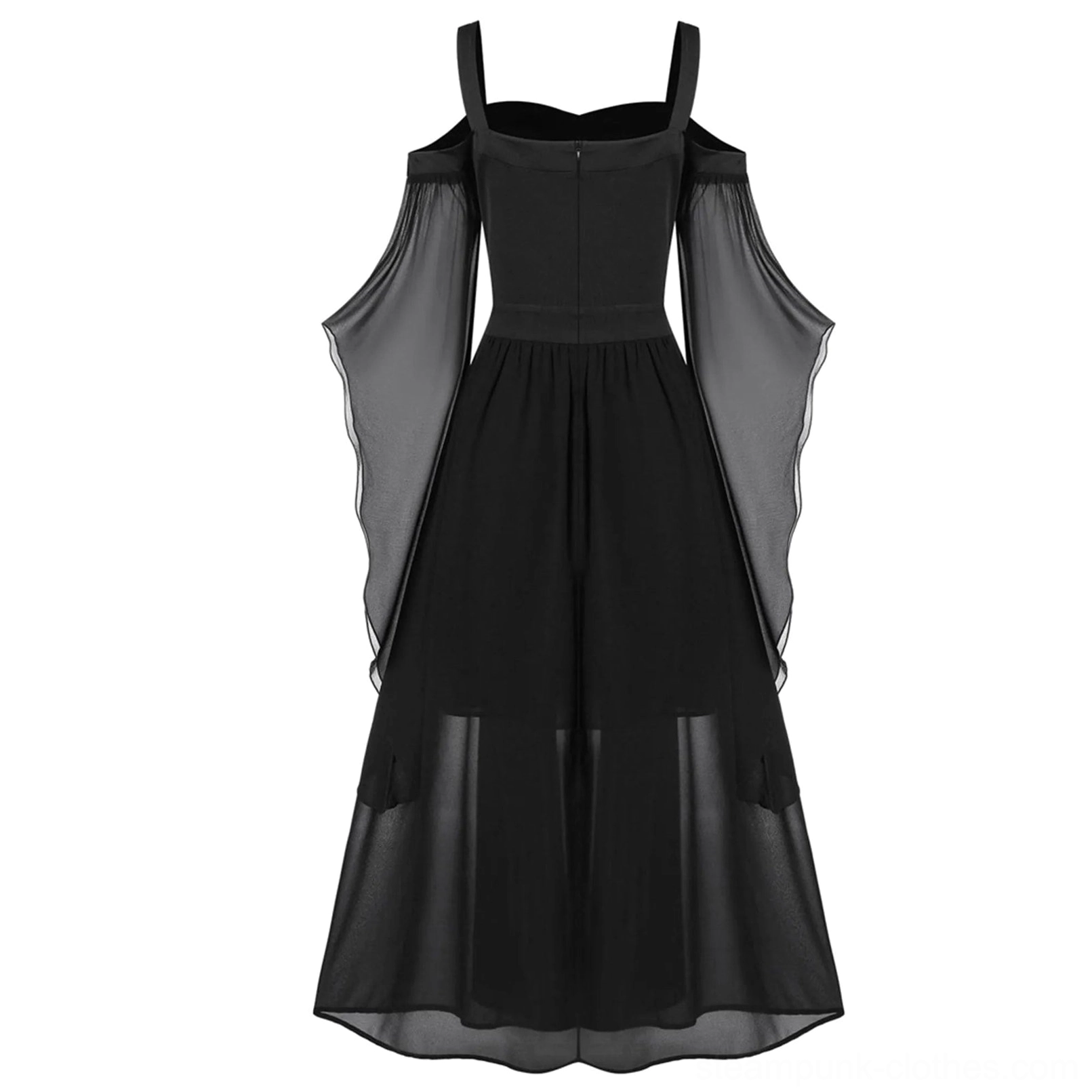 Back view of black steampunk dress showing solid back panel, wide shoulder straps with lace eyelet trim details, and pleated chiffon skirt overlay