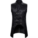 Black Victorian steampunk vest front view with double-breasted bronze buttons and dark floral jacquard fabric