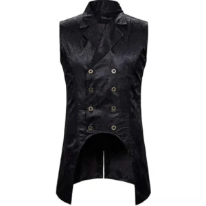 Black Victorian steampunk vest front view with double-breasted bronze buttons and dark floral jacquard fabric