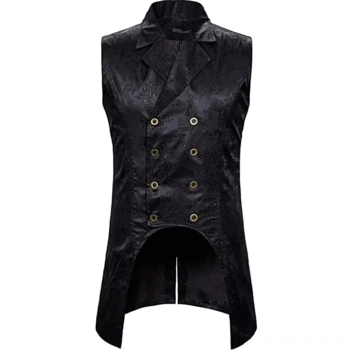 Black Victorian steampunk vest front view with double-breasted bronze buttons and dark floral jacquard fabric