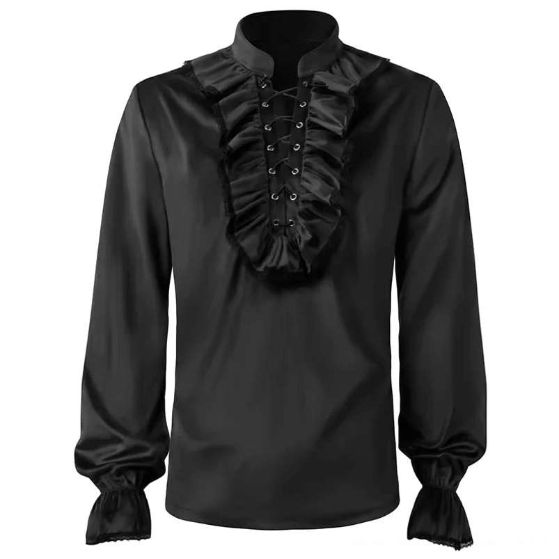 Black Victorian velvet blouse for men with lace-trimmed stand collar and ruffled front, front view on mannequin