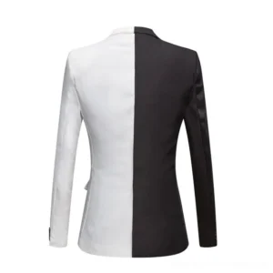 Black and white steampunk jacket rear view - showcasing asymmetrical split back design with contrasting color blocking and tailored silhouette