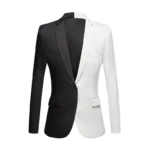 Black and white steampunk blazer front view - two-tone tailored jacket with split color design, notch lapel, single-breasted closure, and decorative buttons