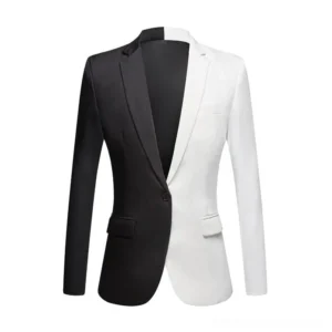 Black and white steampunk blazer front view - two-tone tailored jacket with split color design, notch lapel, single-breasted closure, and decorative buttons