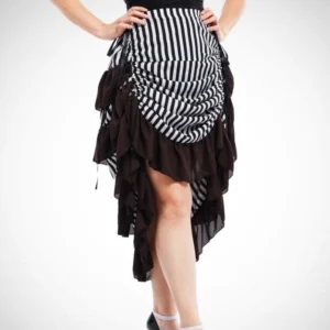Black and white striped steampunk high-low skirt with asymmetrical ruffled hem, front view on model