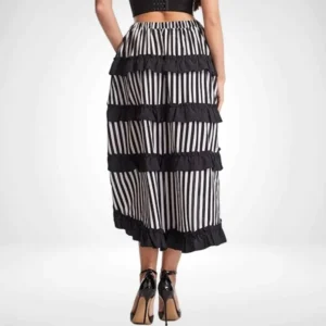Black and white striped layered ruffled steampunk midi skirt, back view on model showing ruffled tiers