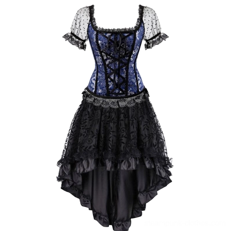 Blue-Black Steampunk Dress Set - Blue Jacquard Corset with Black Lace Trim and High-Low Lace Skirt