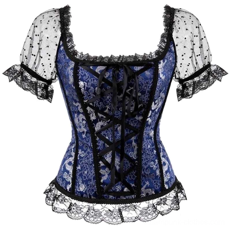 Blue-Black Steampunk Corset Top - Floral Jacquard Fabric with Polka Dot Sheer Sleeves and Lace-Up Front