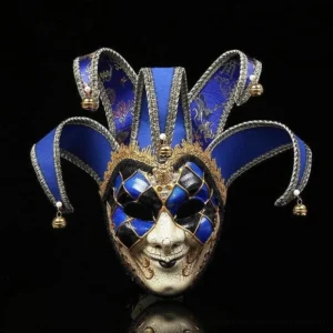 Blue and gold Venetian jester steampunk theatrical mask featuring embroidered fabric details, checkered face pattern, and ornamental bell decorations - frontal eye-level perspective