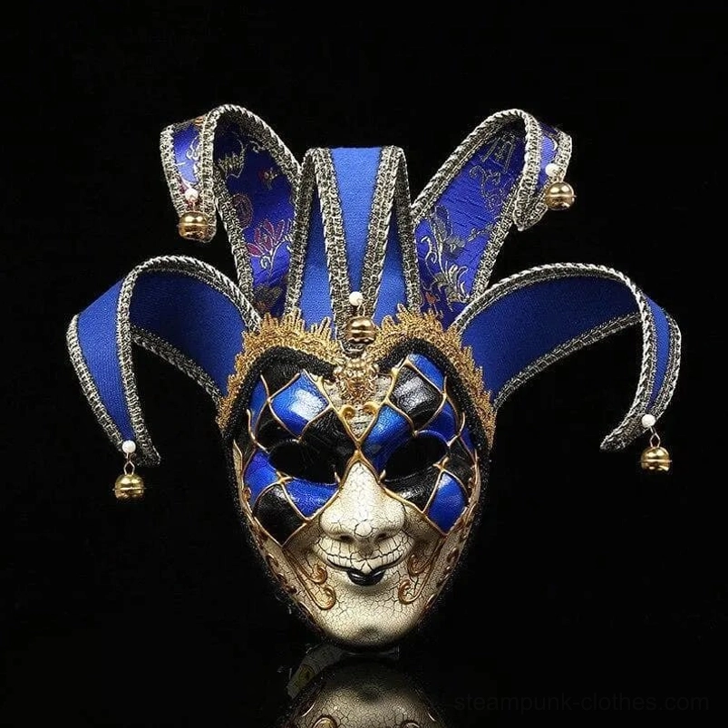 Blue and gold Venetian jester steampunk theatrical mask featuring embroidered fabric details, checkered face pattern, and ornamental bell decorations - frontal eye-level perspective