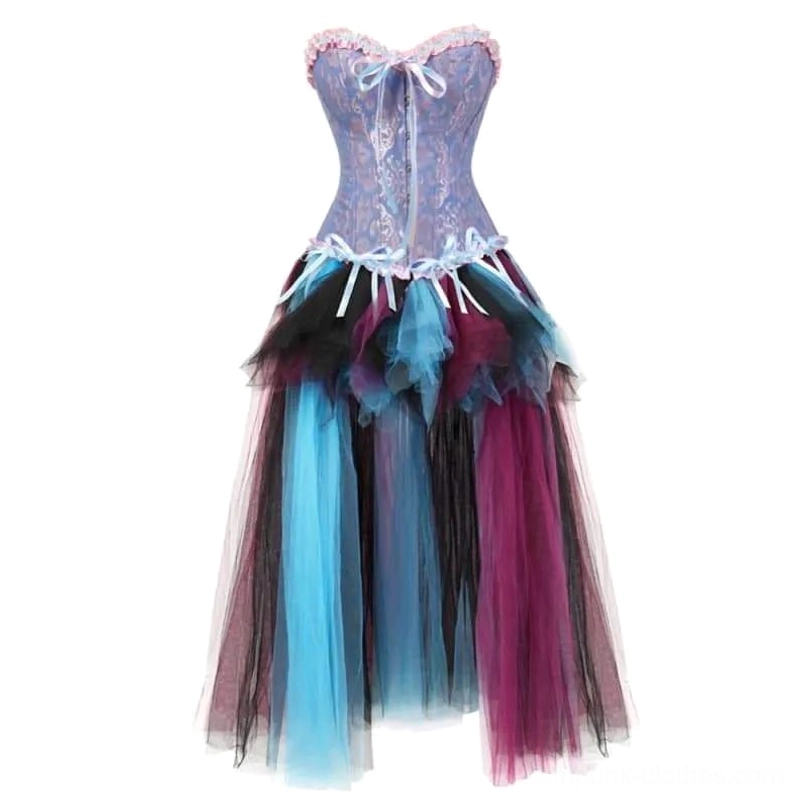 Blue multicolor steampunk corset dress with decorative bow and layered tulle skirt in vibrant blue tones - front view