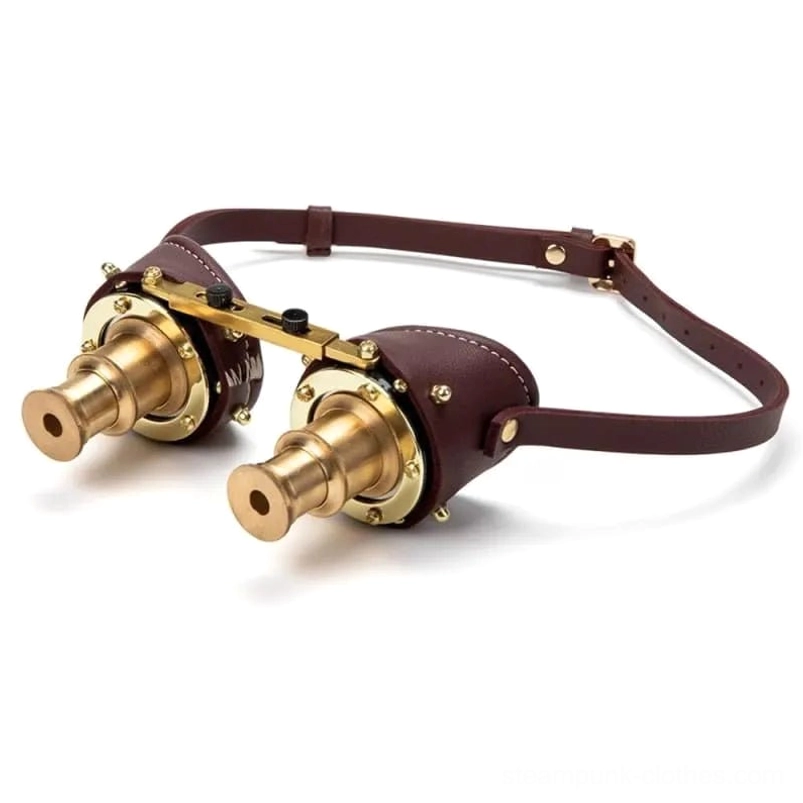Steampunk brass binocular goggles left three-quarter view with dark brown leather strap and riveted details