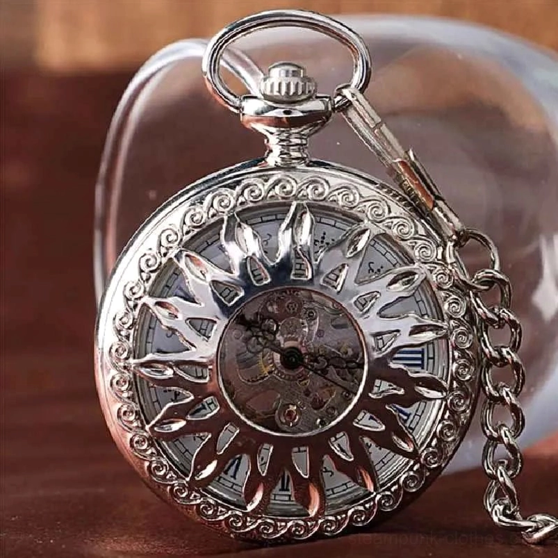 Silver-toned steampunk skeleton pocket watch front close-up with sunburst hollow dial detail
