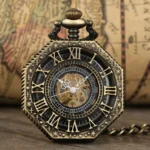 Bronze octagonal steampunk skeleton pocket watch with carved Roman numerals, exposed golden mechanical gears, and intricate embossed edge texture displayed on vintage map