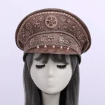 Bronze steampunk aviator military officer cap with gear embroidery on mannequin, frontal view