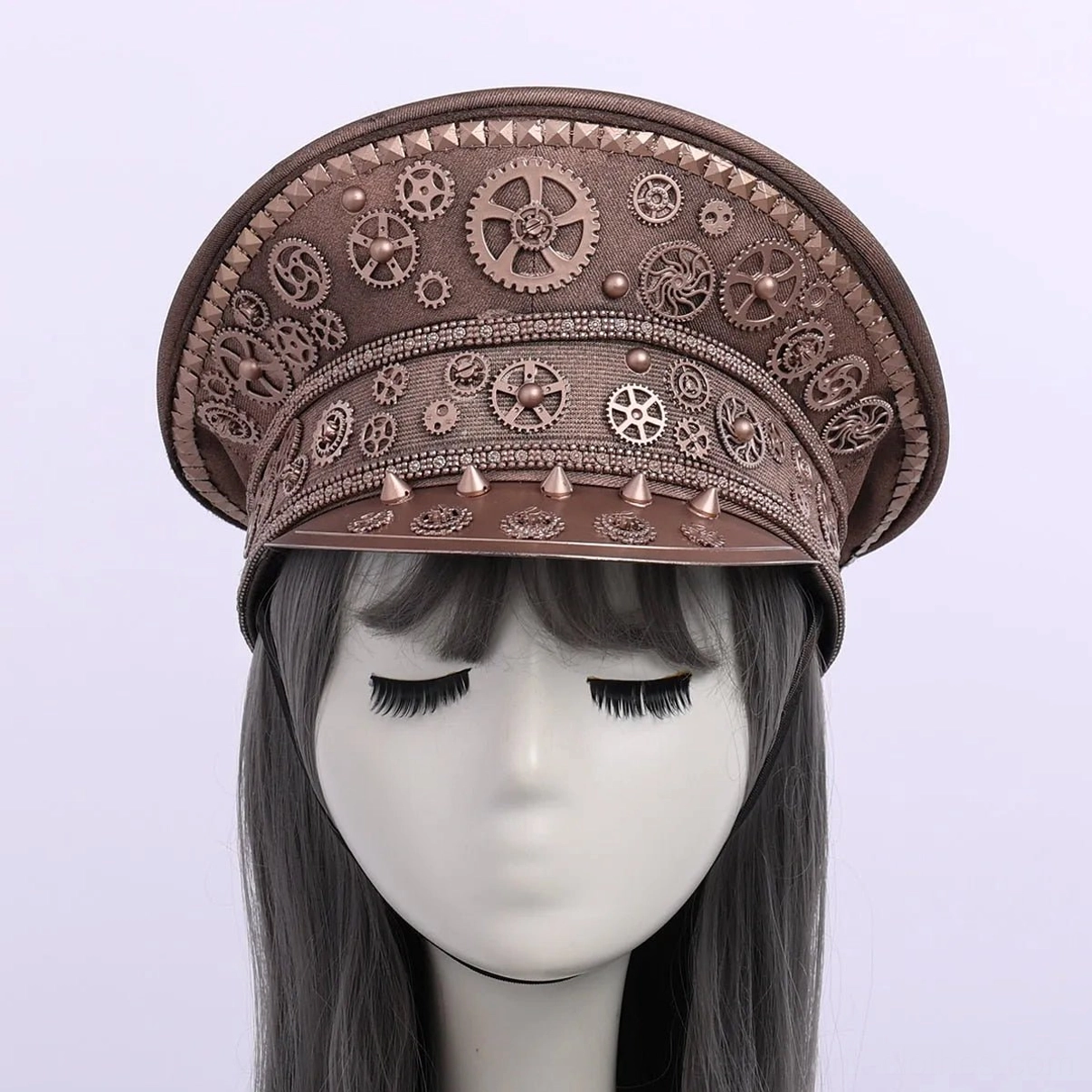 Bronze steampunk aviator military officer cap with gear embroidery on mannequin, frontal view
