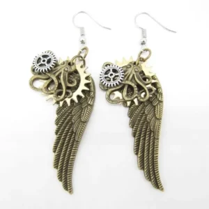 Bronze steampunk octopus wing drop earrings with silver gears, front flat view showing detailed feather texture and mechanical design
