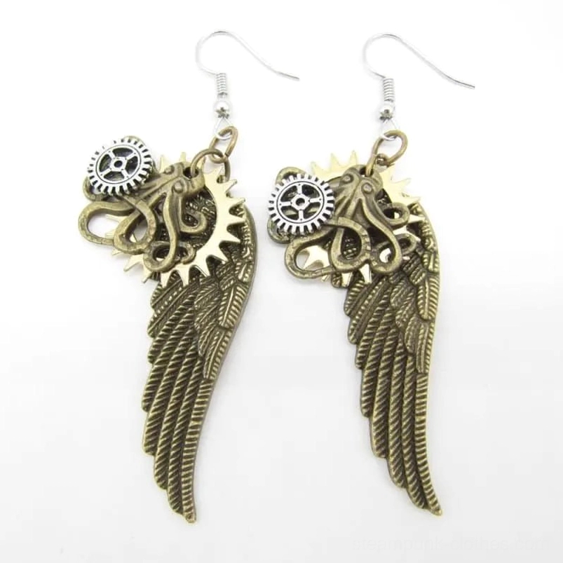Bronze steampunk octopus wing drop earrings with silver gears, front flat view showing detailed feather texture and mechanical design