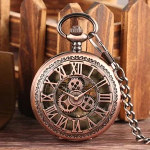 Bronze steampunk pocket watch front view with hollow Roman numeral dial and exposed gear skeleton movement on wooden surface