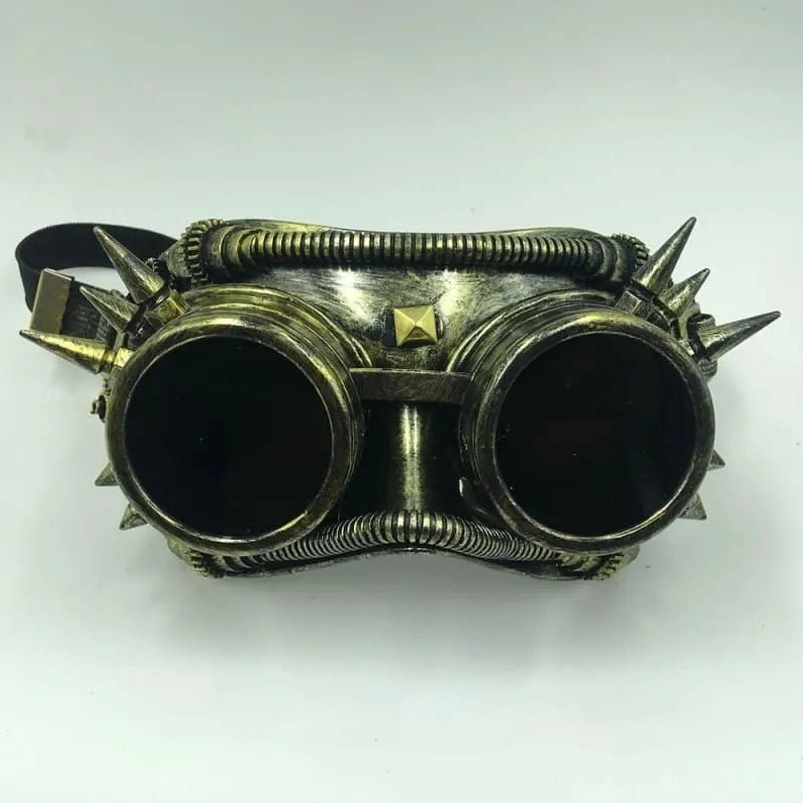 Bronze vintage steampunk spiked goggles mask with industrial aesthetic and smoke-tinted lenses, front perspective
