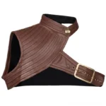 Brown one-shoulder steampunk armor vest front view showcasing ribbed faux leather texture, brass tone hardware, and asymmetrical halter construction