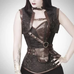 Brown brocade steampunk corset outfit with bolero and leather belt on goth model, front three-quarter view showing bronze metal eyelets and leather accents