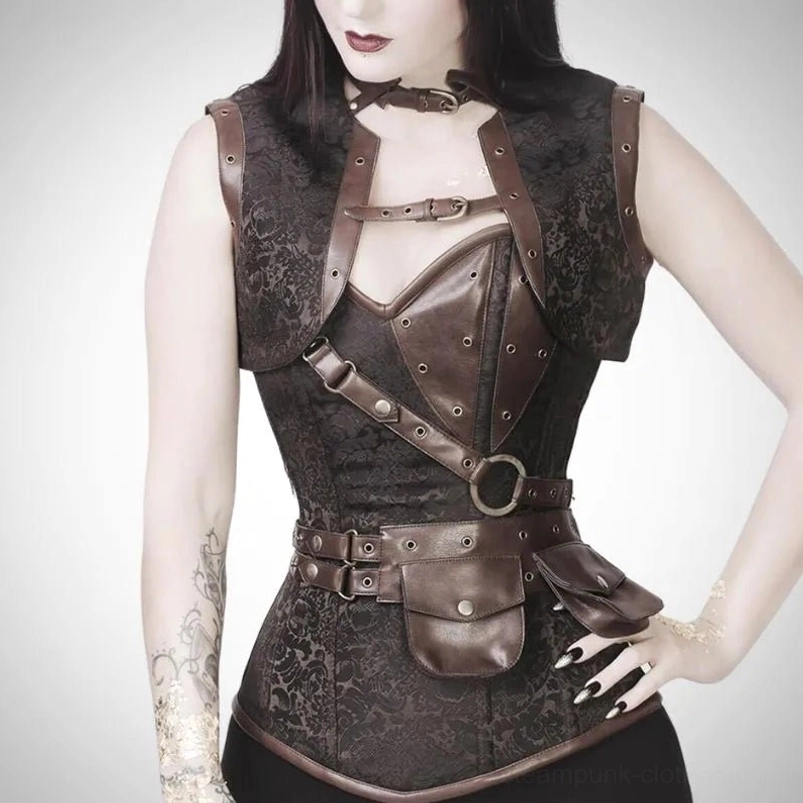 Brown brocade steampunk corset outfit with bolero and leather belt on goth model, front three-quarter view showing bronze metal eyelets and leather accents