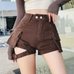Brown high-waisted cargo denim steampunk shorts front view with dual-button waist and adjustable thigh buckle strap
