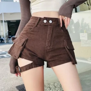 Brown high-waisted cargo denim steampunk shorts front view with dual-button waist and adjustable thigh buckle strap
