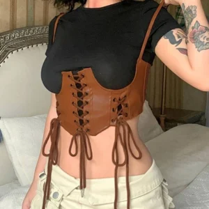 Brown faux leather adjustable corset harness with metal eyelets and braided lacing on model - steampunk belt construction detail