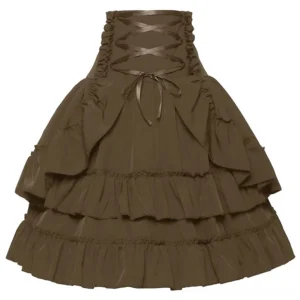Brown steampunk high-waisted skirt with crisscross ribbon lace-up waist and tiered ruffled hem, flat lay front view detail