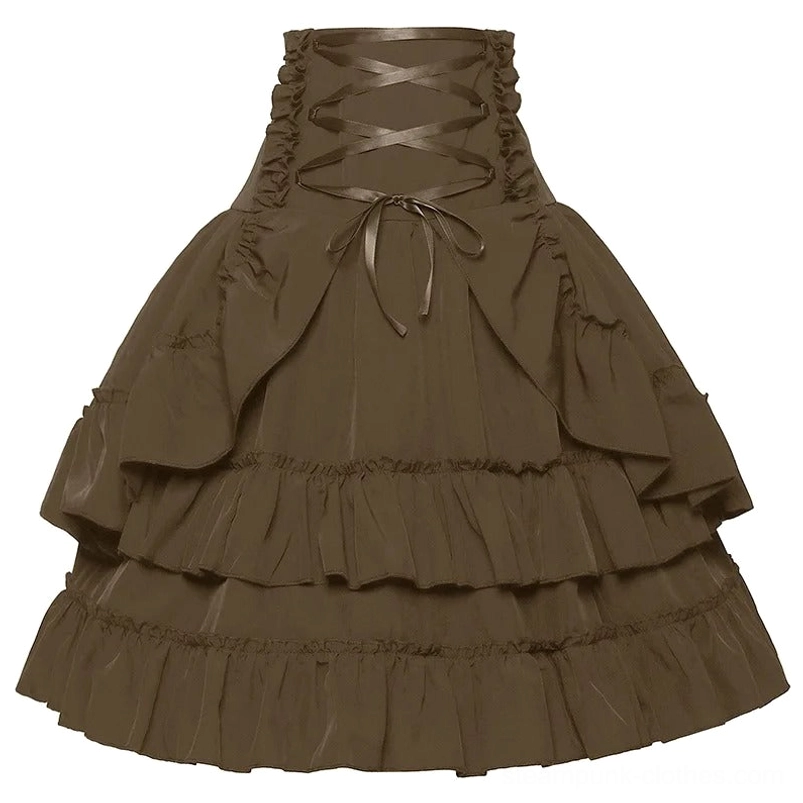 Brown steampunk high-waisted skirt with crisscross ribbon lace-up waist and tiered ruffled hem, flat lay front view detail