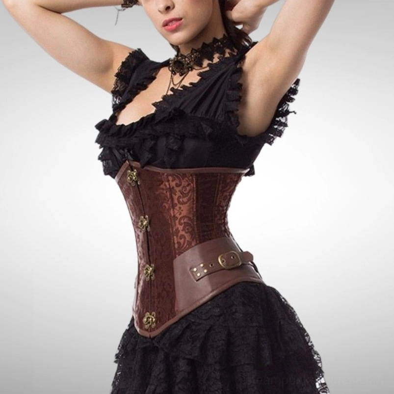 Close-up right side view of brown steampunk corset displaying metal clasps and decorative leather strap detail