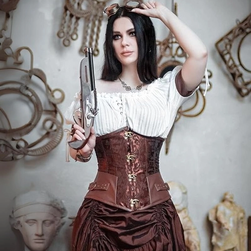 Brown jacquard steampunk underbust corset with copper hook closures front view on model, vintage studio setting