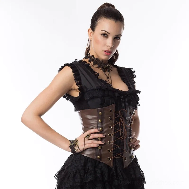 Brown leather steampunk corset worn with ruffled black top and lace choker, close-up front view showing grommet details