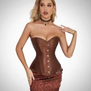 Brown overbust steampunk corset with metal button fastenings and sweetheart neckline, front three-quarter view on model