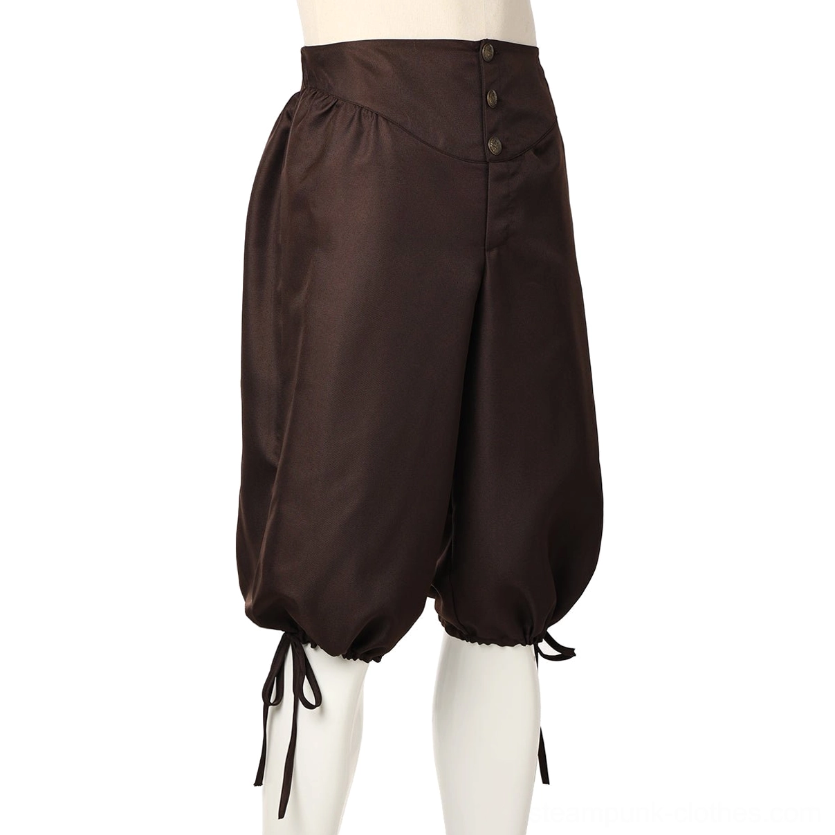 Brown medieval breeches side view on dress form, showcasing high-waisted design and drawstring ankle cuff silhouette