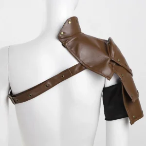 Brown asymmetrical steampunk shoulder armor back view on female mannequin, showcasing metal rivet detailing, cross-shoulder strap system, and adjustable hardware construction from posterior angle