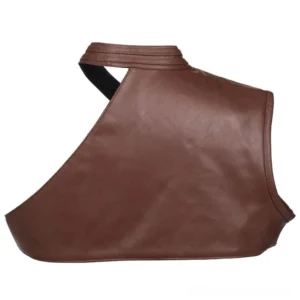 Brown one-shoulder steampunk armor vest back view displaying minimalist open-back architecture and smooth faux leather construction with asymmetrical cutting