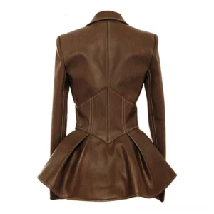 Brown vegan leather biker steampunk jacket back view, showcasing tailored seams and smooth leather texture