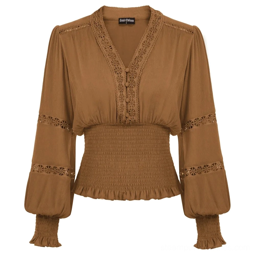 Brown steampunk blouse flat lay front view showing complete design with V-neck and lantern sleeve construction