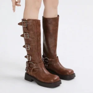 Brown steampunk leather boots with silver buckle hardware, mid-calf height, round toe, displayed on white background