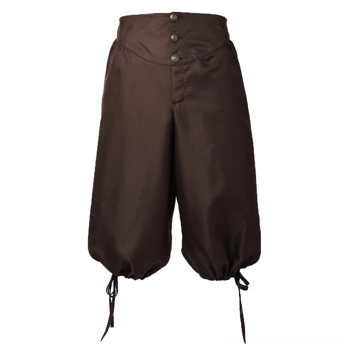 Brown steampunk pirate breeches dress form display, front flat view showing high waist front button closure and ankle drawstring details