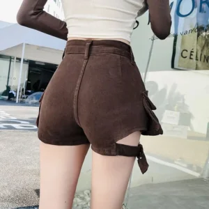 Brown high-waisted cargo steampunk shorts rear view featuring back waist belt loops and utility buckle strap detail