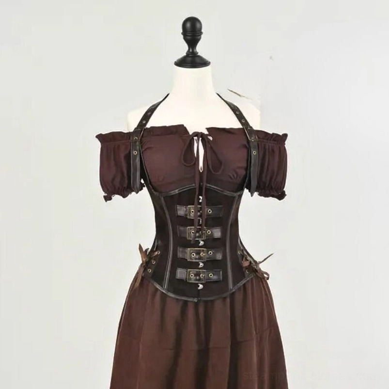 Brown two-tone steampunk corset with attached off-shoulder top on dress form mannequin, front buckle closures visible