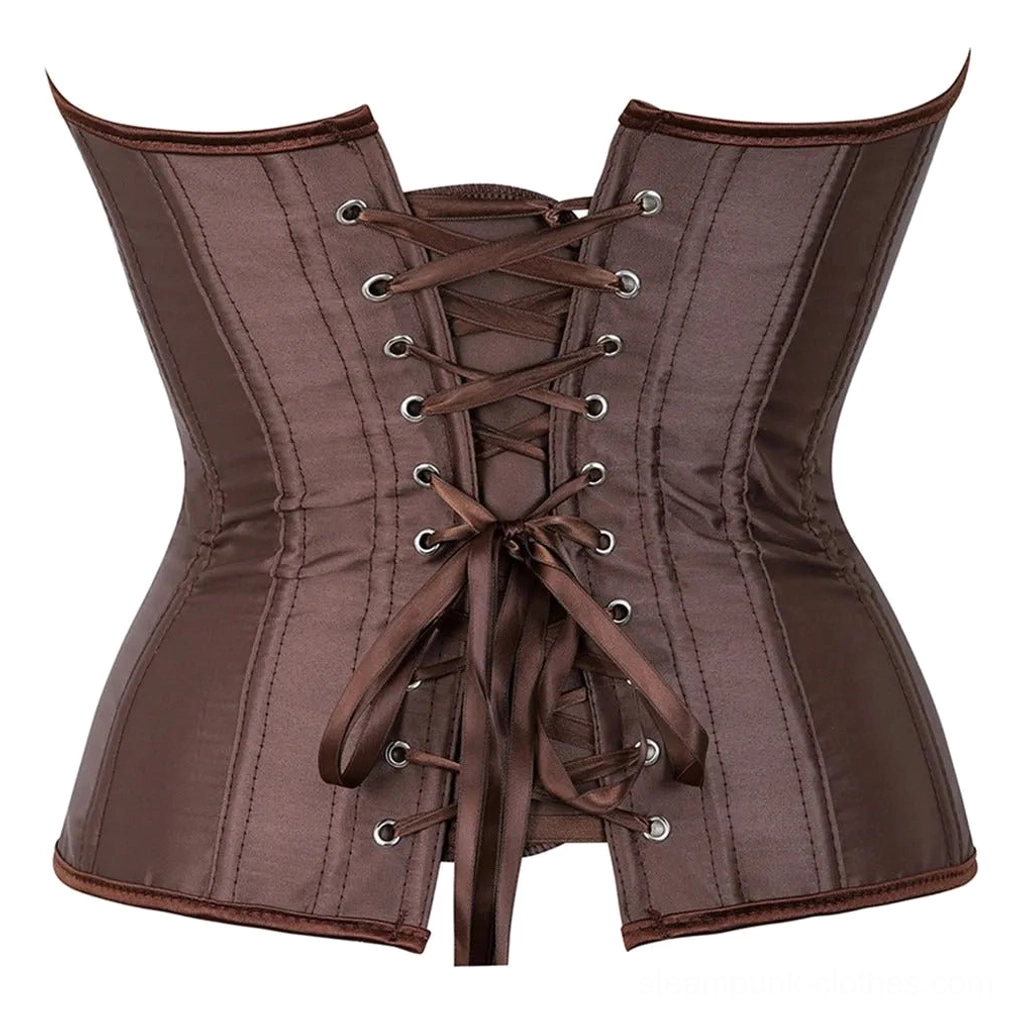 Brown steampunk corset back view featuring lace-up closure with adjustable brown ribbon lacing, flat back perspective