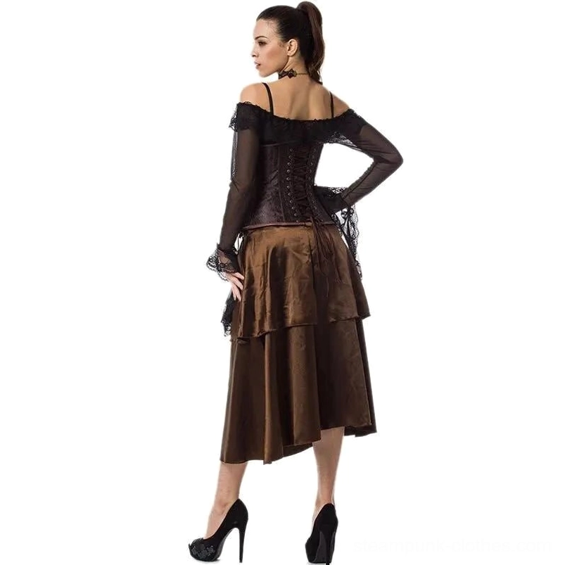 Brown steampunk off-shoulder dress rear view with sheer long sleeves and high-low layered brown ruffled skirt