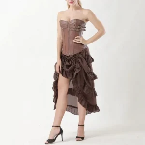 Brown steampunk corset dress strapless faux leather buckle corset with ruffled high-low skirt front three-quarter view