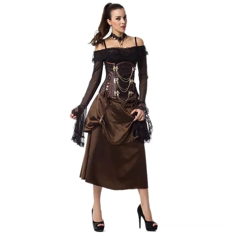 Brown steampunk off-shoulder corset dress with chain-decorated corset and two-tone brown high-low skirt, front full-body model view